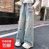2025春秋新款字母直筒中大童闊腿褲休閑兒童寬松秋季女童牛仔褲子 藍色 140 【建議身高125-135】 曬單實(shí)拍圖