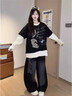 LDBE學(xué)院風(fēng)長(cháng)袖T恤女春秋2026新款寬松慵懶松弛假兩件設計落肩上衣潮 黑奶涂鴉 M 90-110斤 曬單實(shí)拍圖