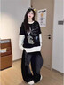 LDBE學(xué)院風(fēng)長(cháng)袖T恤女春秋2026新款寬松慵懶松弛假兩件設計落肩上衣潮 黑奶涂鴉 M 90-110斤 曬單實(shí)拍圖