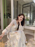 鹿王戀雪法式碎花長(cháng)袖連衣裙女春秋季2026年新款小個(gè)子收腰顯瘦百搭長(cháng)裙子 薄荷印花 S 曬單實(shí)拍圖