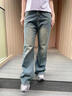 美式復古牛仔褲男春秋潮流寬松直筒高街闊腿微喇韓版休閑長(cháng)褲子男 黑灰色 2XL 曬單實(shí)拍圖