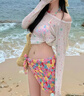 南木熊比基尼泳衣4件套女夏日清新印花純欲沙灘度假泡溫泉分體泳裝保守 粉色碎花泳衣【70-110斤】 帶裹裙 曬單實(shí)拍圖