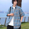 至濤復古短袖襯衫男2026夏季新款港風(fēng)寬松大碼潮流休閑格子半袖襯衣服 藍色 2XL 曬單實(shí)拍圖