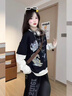 LDBE學(xué)院風(fēng)長(cháng)袖T恤女春秋2026新款寬松慵懶松弛假兩件設計落肩上衣潮 黑奶涂鴉 L 110-120斤 曬單實(shí)拍圖
