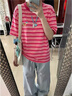 LDBE美式復古粉色撞色條紋短袖t恤女夏季2026新款卡通刺繡圓領(lǐng)上衣潮 粉條紋 M 80-100斤 曬單實(shí)拍圖