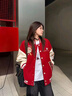 BJHG不計后果新年紅色棒球服男款春季潮牌呢子外套美式復古夾克上衣女 新年紅 L 曬單實(shí)拍圖
