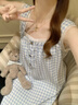 倩升甜美公主風(fēng)無(wú)袖花邊睡裙女帶胸墊2026夏新款高級感休閑寬松家居服 ZR2050 藍色格子 M 曬單實(shí)拍圖