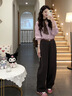 鹿依檸休閑褲女裝套裝2026春季新款韓系氣質(zhì)通勤輕奢感襯衫顯瘦闊腿褲子 粉紫襯衫+絲巾+咖色褲子 M 曬單實(shí)拍圖