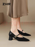 ZHR瑪麗珍女鞋尖頭絨面單鞋女淺口粗跟一字帶鞋子女 BL379 黑色  37  曬單實(shí)拍圖