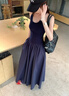 穿搭語(yǔ)錄（Chaundayulu）法式高級感吊帶長(cháng)裙女2026夏季新款修身顯瘦大擺無(wú)袖休閑連衣裙女 藏藍色版 M 建議96-108斤 曬單實(shí)拍圖