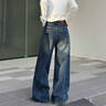 燦圖美式大碼牛仔褲女春夏季高腰寬松潮牌胖mm顯瘦彎刀闊腿直筒長(cháng)褲子 復古藍 L 【建議110-120斤】 曬單實(shí)拍圖
