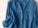 文藝復古夏季薄款棉麻襯衫女寬松V領(lǐng)襯衣外套休閑小衫中袖上衣女 375-藍色 L 碼建議100斤-115斤 曬單實(shí)拍圖