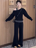 鹿依檸休閑褲女裝套裝2026春季新款韓版時(shí)尚百搭休閑露肩衛衣顯瘦闊腿褲 黑色 M 曬單實(shí)拍圖