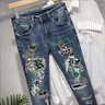 春秋季彈力修身小腳牛仔褲男韓版潮流百搭歐洲站潮牌小熊印花褲子 藍色 31 曬單實(shí)拍圖