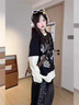 LDBE學(xué)院風(fēng)長(cháng)袖T恤女春秋2026新款寬松慵懶松弛假兩件設計落肩上衣潮 黑奶涂鴉 M 90-110斤 曬單實(shí)拍圖