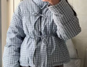 UR冬季新款女休閑撞色格紋立領(lǐng)系帶寬松羽絨服UYL150079 藍色格子 S 曬單實(shí)拍圖