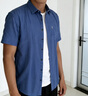皮爾卡丹夏季棉麻短袖襯衫男士純色口袋上衣中年時(shí)尚休閑抗起球易打理襯衣 5013寶藍 XL 175(建議135-150斤) 曬單實(shí)拍圖