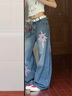 OEMG 美式原創(chuàng  )星星貼布彎刀牛仔褲女男春秋冬寬松闊腿顯瘦潮牌長(cháng)褲子 牛仔藍 【高品質(zhì)】 M [建議90-105斤] 曬單實(shí)拍圖
