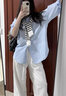 妃?，幮蓍e褲女裝套裝2026春夏新款韓版時(shí)尚百搭防曬襯衣闊腿褲三件套 藍色襯衫+灰色吊帶+白色褲子 S 曬單實(shí)拍圖
