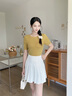 紅蜻蜓（RED DRAGONFLY）新款時(shí)尚短袖顯瘦針織衫女夏季薄款一字領(lǐng)百搭寬松上衣Tt恤 芥黃色 L 曬單實(shí)拍圖
