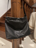 元真植鞣羊皮云歸托特包大容量通勤單肩包真皮松弛女包2025新款包 托特包 黑色 曬單實(shí)拍圖