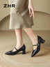 ZHR瑪麗珍女鞋尖頭夏季單鞋女淺口粗跟一字帶鞋子女 BL379F 黑色  37 曬單實(shí)拍圖