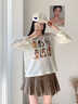 Olrain歐芮兒天絲休閑貓咪印花長(cháng)袖T恤女夏季2026新款大圓領(lǐng)落肩袖上衣 杏色 M 曬單實(shí)拍圖