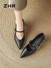 ZHR瑪麗珍女鞋尖頭夏季單鞋女淺口粗跟一字帶鞋子女 BL379F 黑色  37 曬單實(shí)拍圖