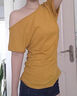 衣然呈品T恤女春夏新款美式高街潮牌黃色斜肩修身露肩簡(jiǎn)約百搭短袖上衣女 黃色 M 【建議90-105斤】 曬單實(shí)拍圖