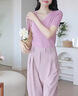 妍莉芬（yanlifen）夏裝搭配一整套微胖顯瘦茶系穿搭衣服奶系鹽系輕熟休閑兩件套裝女 上衣+褲子 L 【100-120斤】 曬單實(shí)拍圖
