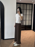 茵曼（INMAN）茵曼法式慵懶荷葉邊闊腿褲26夏女新款休閑高腰松緊腰長(cháng)褲 咖啡色 L 曬單實(shí)拍圖