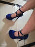 麥潮尚細跟絨面高跟鞋交叉綁帶秋季交叉綁帶性感圓頭防水臺黑色女鞋 藍色 35 曬單實(shí)拍圖