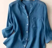 文藝復古夏季薄款棉麻襯衫女寬松V領(lǐng)襯衣外套休閑小衫中袖上衣女 375-藍色 L 碼建議100斤-115斤 曬單實(shí)拍圖