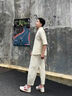 倉石一樹(shù)夏季中國風(fēng)棉麻短袖套裝男復古風(fēng)兩件套半袖寬松薄款上衣 米白色 XL 曬單實(shí)拍圖