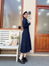 Olrain歐芮兒復古翻V領(lǐng)收腰軟牛仔長(cháng)袖連衣裙女春季2026新款襯衫式長(cháng)裙 牛仔藍 S 曬單實(shí)拍圖