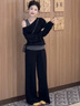 鹿依檸休閑褲女裝套裝2026春季新款韓版時(shí)尚百搭休閑露肩衛衣顯瘦闊腿褲 黑色 M 曬單實(shí)拍圖