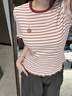 茵曼（INMAN）茵曼復古撞色條紋短袖T恤26夏女新款木耳邊刺繡圓領(lǐng)上衣 暗紅條紋 M 曬單實(shí)拍圖