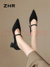 ZHR瑪麗珍女鞋尖頭絨面單鞋女淺口粗跟一字帶鞋子女 BL379 黑色  37  曬單實(shí)拍圖