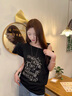 LDBE美式復古斜肩穿搭寬松短袖T恤女夏季2026新款純欲風(fēng)露肩一字肩上 黑色 XL 130-145斤 曬單實(shí)拍圖