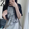 詩(shī)蒂淑短袖T恤女潮2026夏季新款學(xué)生初中生寬松圓領(lǐng)半袖貓咪拼接上衣裝 黑拼灰 M 建議85-100斤 曬單實(shí)拍圖