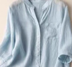 文藝復古夏季薄款棉麻襯衫女寬松V領(lǐng)襯衣外套休閑小衫中袖上衣女 375-淺藍色 L 碼建議100斤-115斤 曬單實(shí)拍圖
