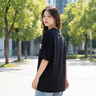 LDBE國潮美式復古字母刺繡短袖t恤女夏季2026新款寬松慵懶松馳感上衣 黑色 L 100-120斤 曬單實(shí)拍圖