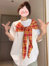 衣然呈品美式復古格紋蝴蝶結夏季短袖t恤女設計感寬松慵懶風(fēng)半袖女士體恤 白橙 M 【建議80-100斤】 曬單實(shí)拍圖
