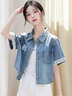 妹丫2026夏季新款流行蕾絲拼接牛仔襯衫女 休閑百搭短袖薄款外套 藍色 S 曬單實(shí)拍圖