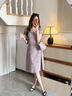尚靜蕾絲拼接連衣裙女2026夏季新款V領(lǐng)短袖收腰長(cháng)裙法式浪漫修身裙子 丁香紫 M 曬單實(shí)拍圖