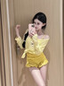 恬飾連體泳衣女修身顯瘦保守顯白小清新學(xué)生荷葉邊美背罩衫泡溫泉遮肉 泳衣女【奶黃色加罩衫】 均碼 【建議80-115斤】 曬單實(shí)拍圖