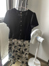 帕絲特夏季假兩件氣質(zhì)V領(lǐng)印花雪紡清涼透氣裙子媽媽裝連衣裙 黑色 2XL 曬單實(shí)拍圖
