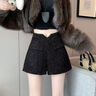 小香風(fēng)亮片毛呢短褲女2026春秋新款氣質(zhì)高腰顯瘦外穿a字闊腿靴褲 黑色 M 曬單實(shí)拍圖
