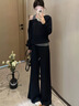 韓璐嬌（hanlujiao）衛衣女裝套裝2026春季新款韓版簡(jiǎn)約氣質(zhì)休閑黑色露肩上衣顯瘦長(cháng)褲 黑色套裝 M 曬單實(shí)拍圖