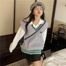 乖米豆三件套裝春秋法式港風(fēng)復古條紋襯衫搭配v領(lǐng)針織毛衣馬甲女百褶裙 條紋襯衫 M 建議90-110斤 曬單實(shí)拍圖